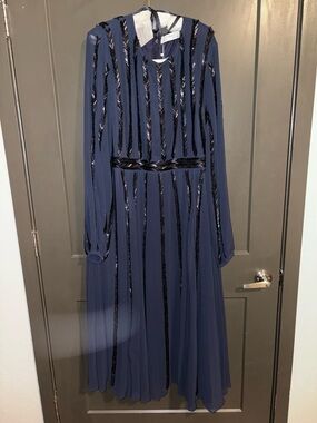 Mac Duggal Navy Long Sheer Sleeve Sequin Dress